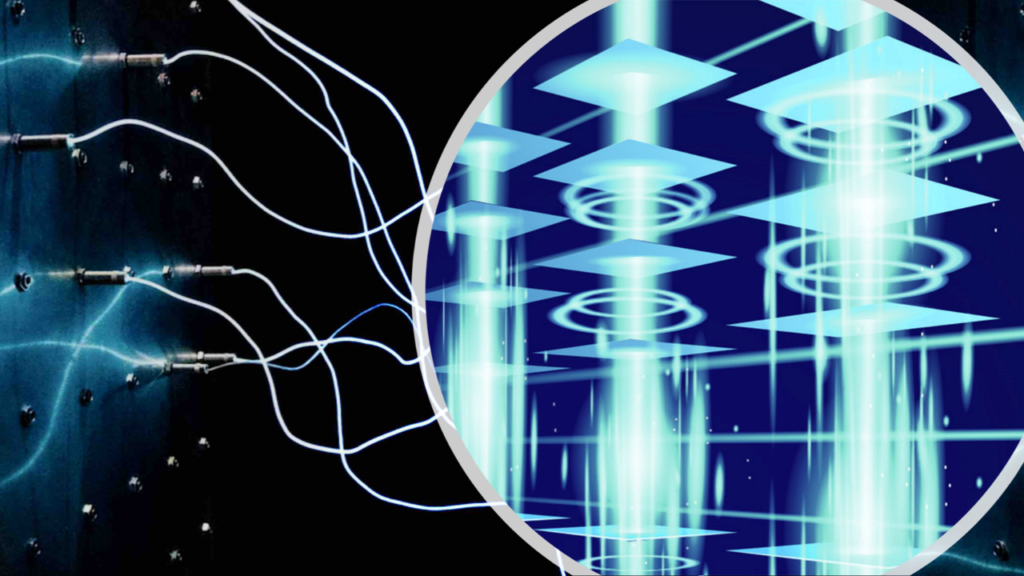 Quantum circuit diagram showing energy teleportation across entangled qubits