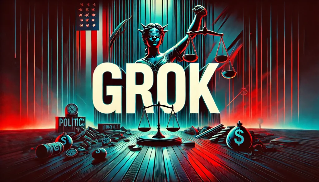 Elon Musk standing in front of Grok AI logo amid controversy