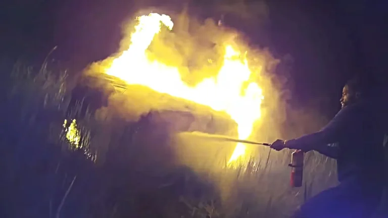 New York police officer, Good Samaritan motorists help rescue woman from car engulfed in flames